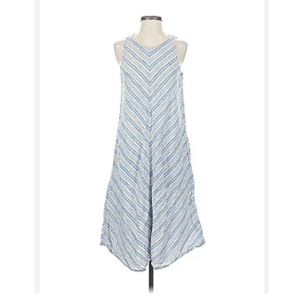 Lands End Womens Sleeveless Linen‎ Shift Dress Gray Blue Striped Beach Coastal L